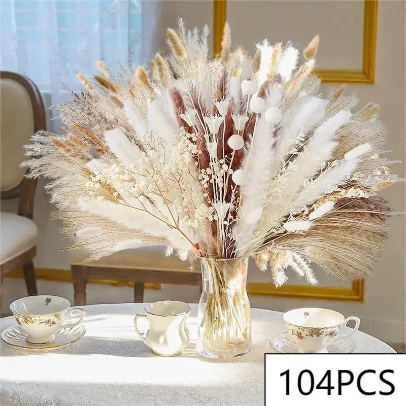 105-Piece Dried Floral Bouquet – Natural Pampas & Rabbit Tail Grass for Boho & Wedding Décor