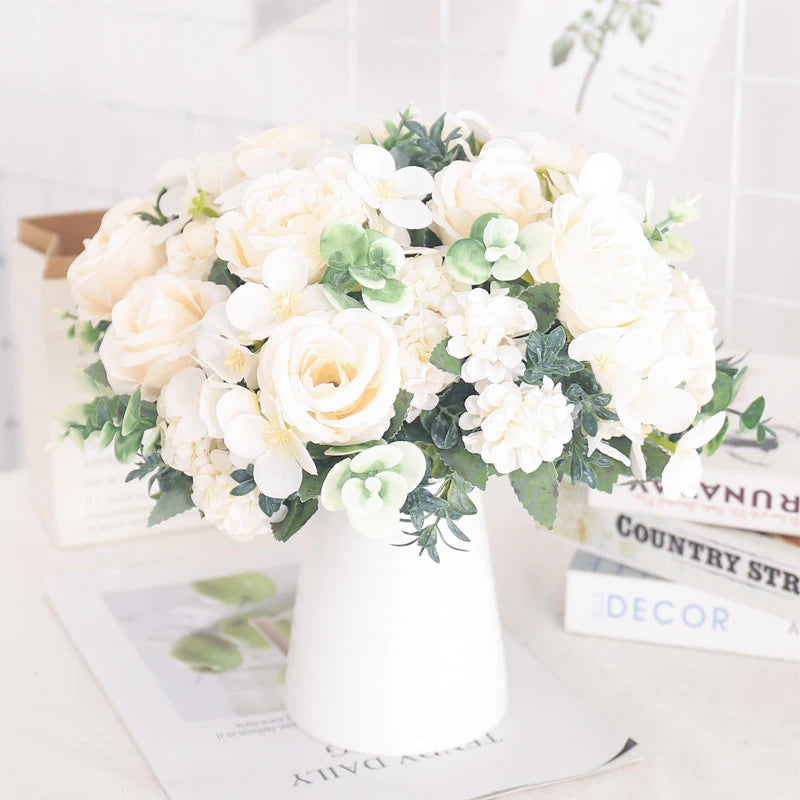Silk Peony & Hydrangea Bouquet – Elegant Faux Flowers for Home, Weddings & Décor