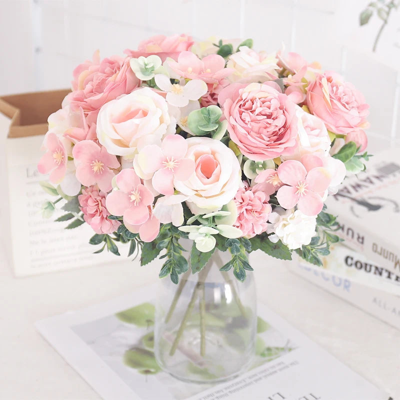 Silk Peony & Hydrangea Bouquet – Elegant Faux Flowers for Home, Weddings & Décor