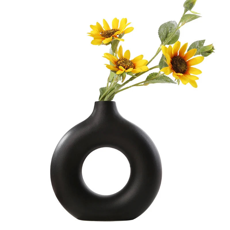 Nordic Circular Hollow Ceramic Vase – Modern Flower Pot for Home & Office Décor