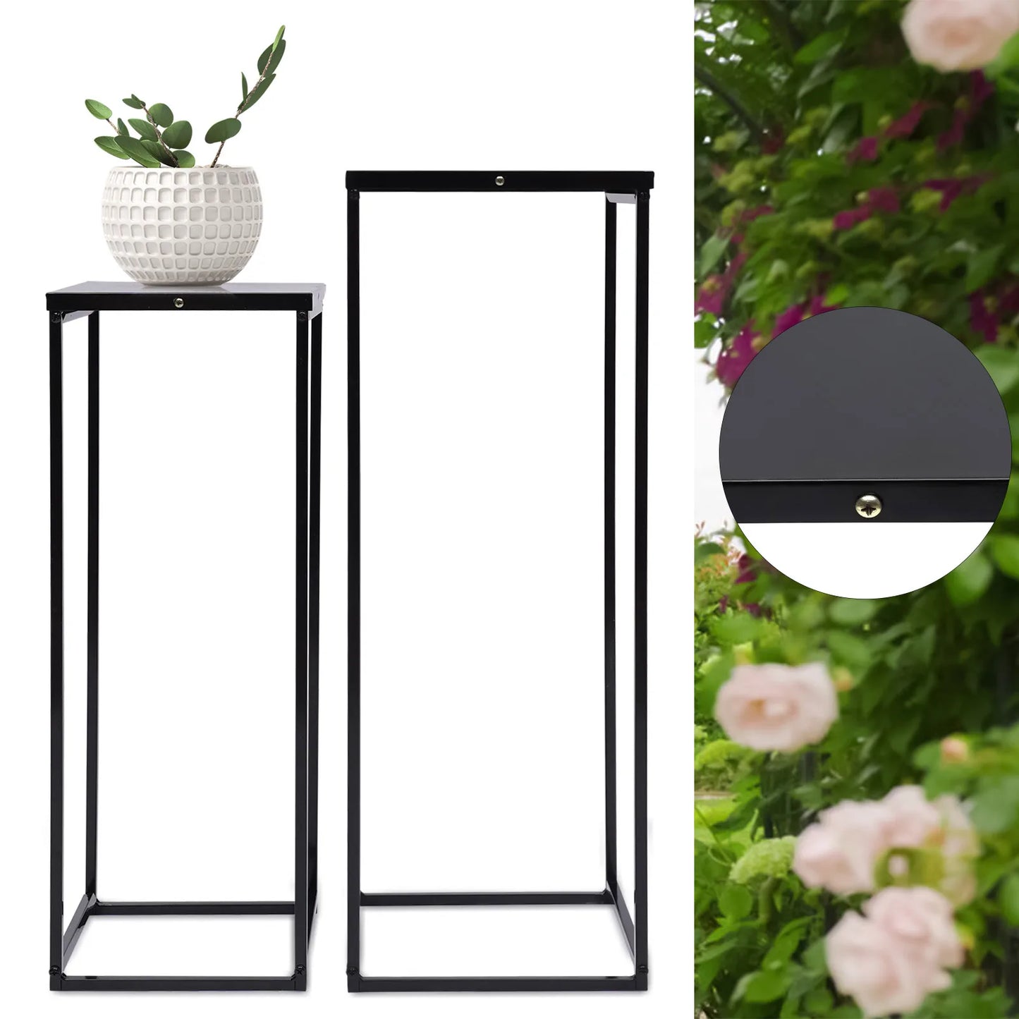 2-Piece Black Metal Plant Stand – Square Flower Holder for Garden & Living Room Décor
