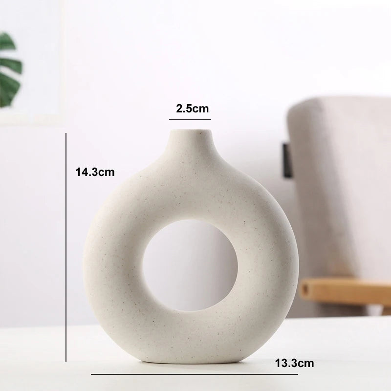 Nordic Circular Hollow Ceramic Vase – Modern Flower Pot for Home & Office Décor