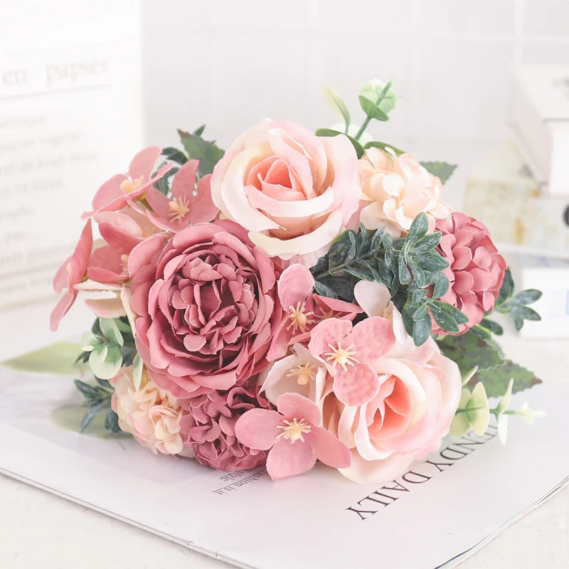 Silk Peony & Hydrangea Bouquet – Elegant Faux Flowers for Home, Weddings & Décor