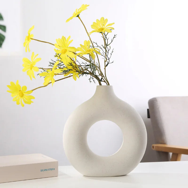 Nordic Circular Hollow Ceramic Vase – Modern Flower Pot for Home & Office Décor