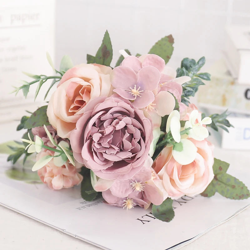 Silk Peony & Hydrangea Bouquet – Elegant Faux Flowers for Home, Weddings & Décor
