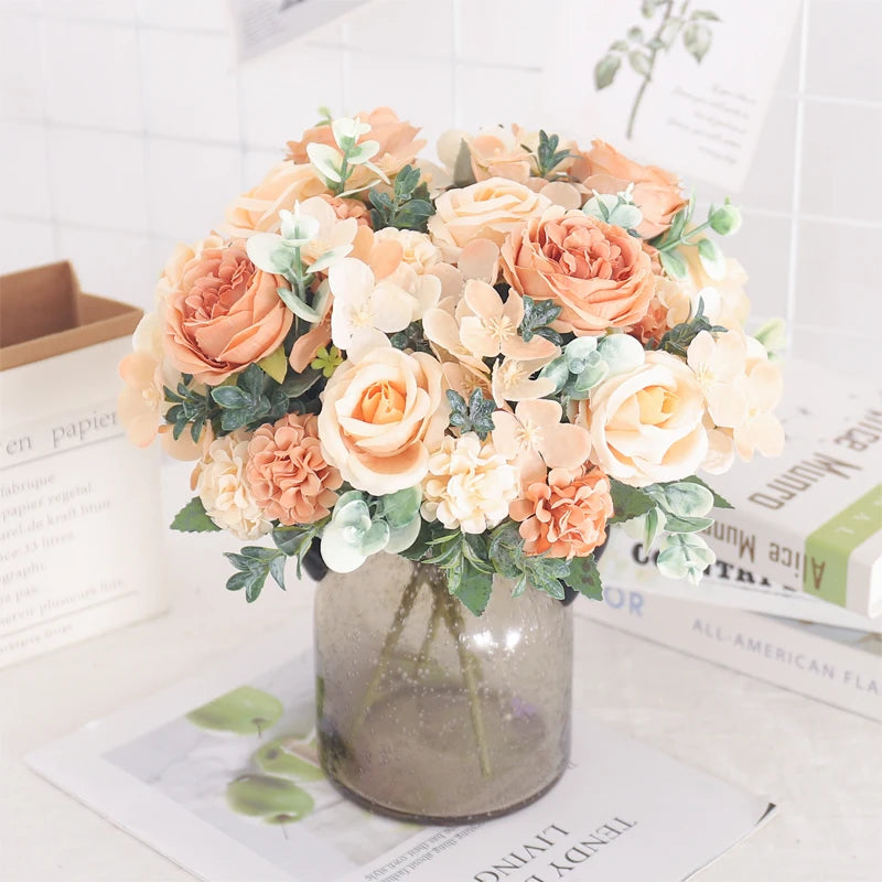 Silk Peony & Hydrangea Bouquet – Elegant Faux Flowers for Home, Weddings & Décor