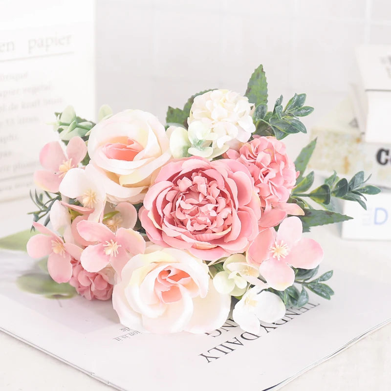 Silk Peony & Hydrangea Bouquet – Elegant Faux Flowers for Home, Weddings & Décor