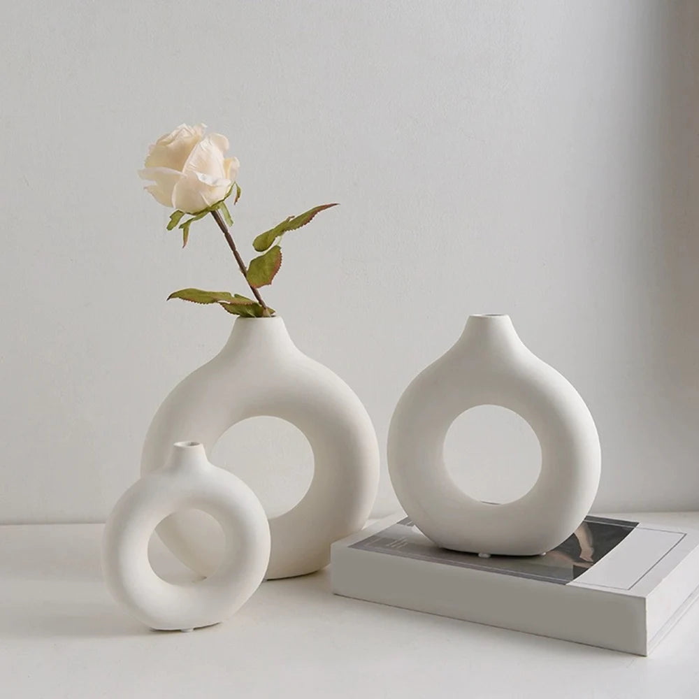 Nordic Hollow Ceramic Vase | Circular Modern Decor for Home & Office