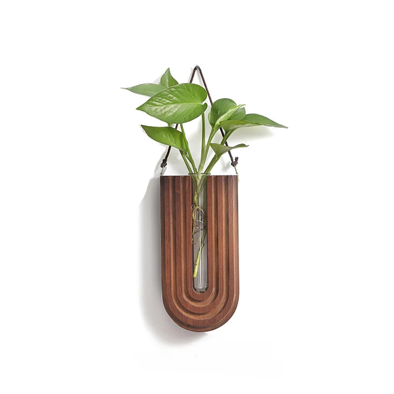 Simple Wooden Wall-Mounted Flower Vase – Hanging Hydroponic Plant Rack for Home & Garden Décor