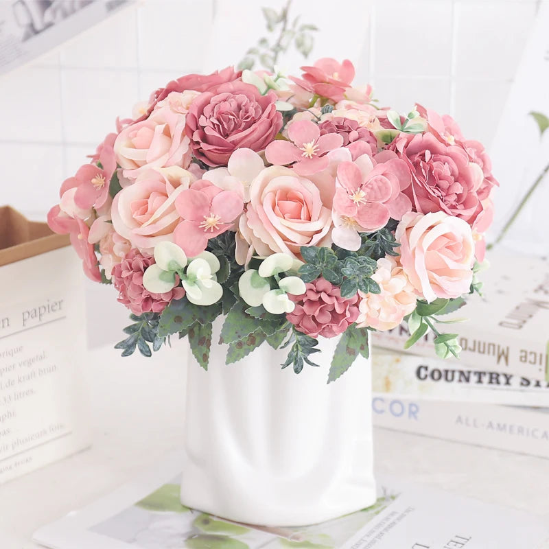 Silk Peony & Hydrangea Bouquet – Elegant Faux Flowers for Home, Weddings & Décor