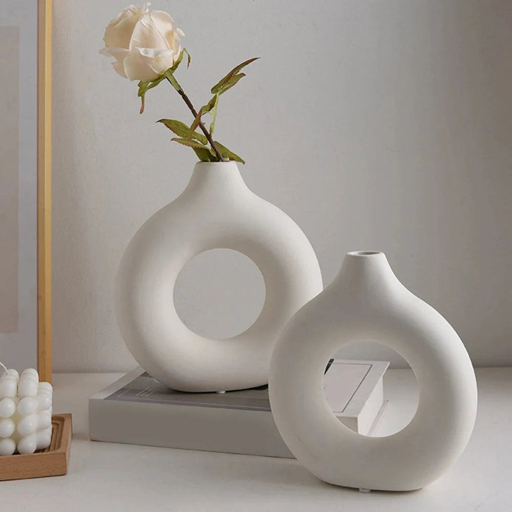Nordic Hollow Ceramic Vase | Circular Modern Decor for Home & Office