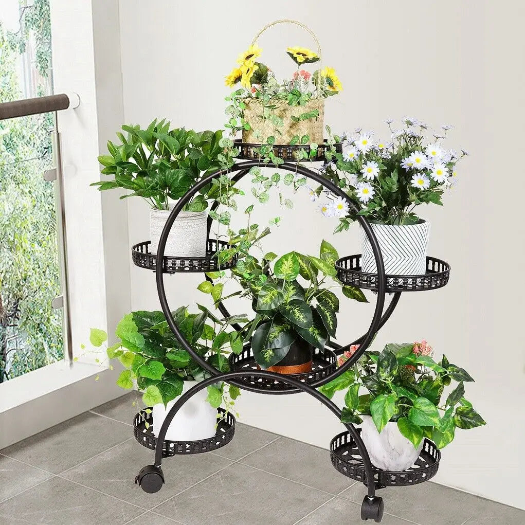 4-Layer Flower Stand with 6 Pots – Mobile Plant Shelf Rack for Balcony & Indoor Display