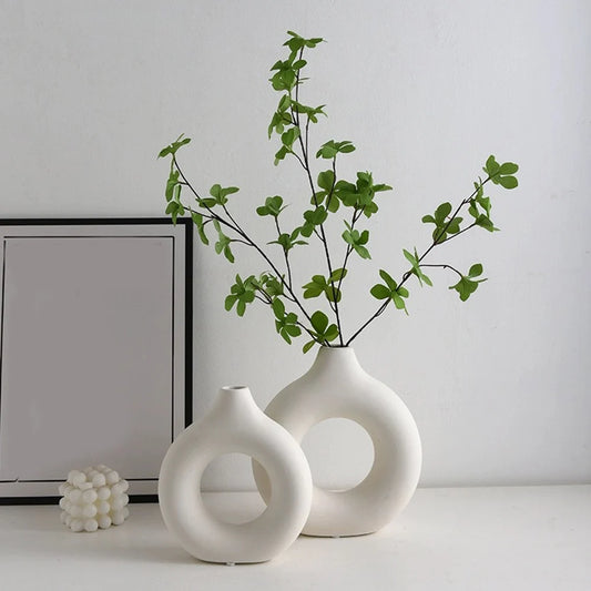Nordic Hollow Ceramic Vase | Circular Modern Decor for Home & Office