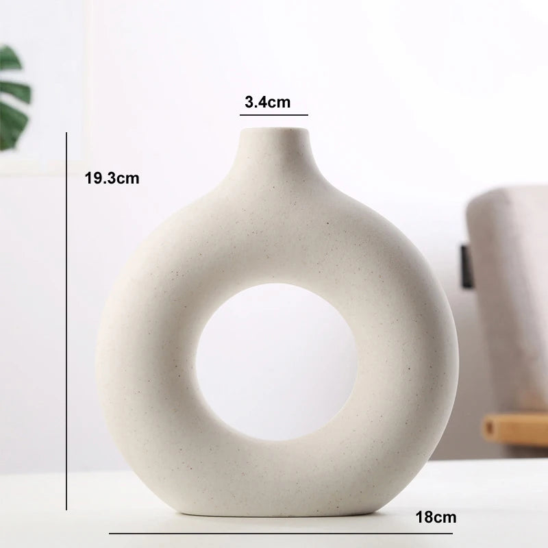 Nordic Circular Hollow Ceramic Vase – Modern Flower Pot for Home & Office Décor