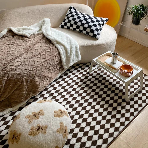 Japanese Style Carpets | Minimalist Living Room & Bedroom Plaid Checkerboard Rug, Large Plush Floor Mat