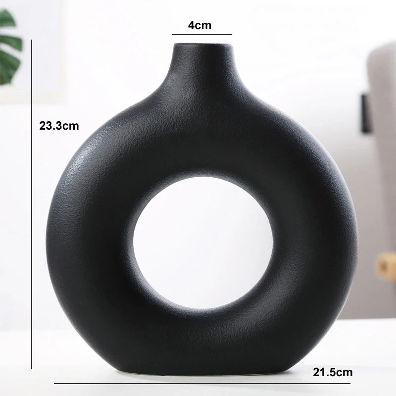 Nordic Circular Hollow Ceramic Vase – Modern Flower Pot for Home & Office Décor