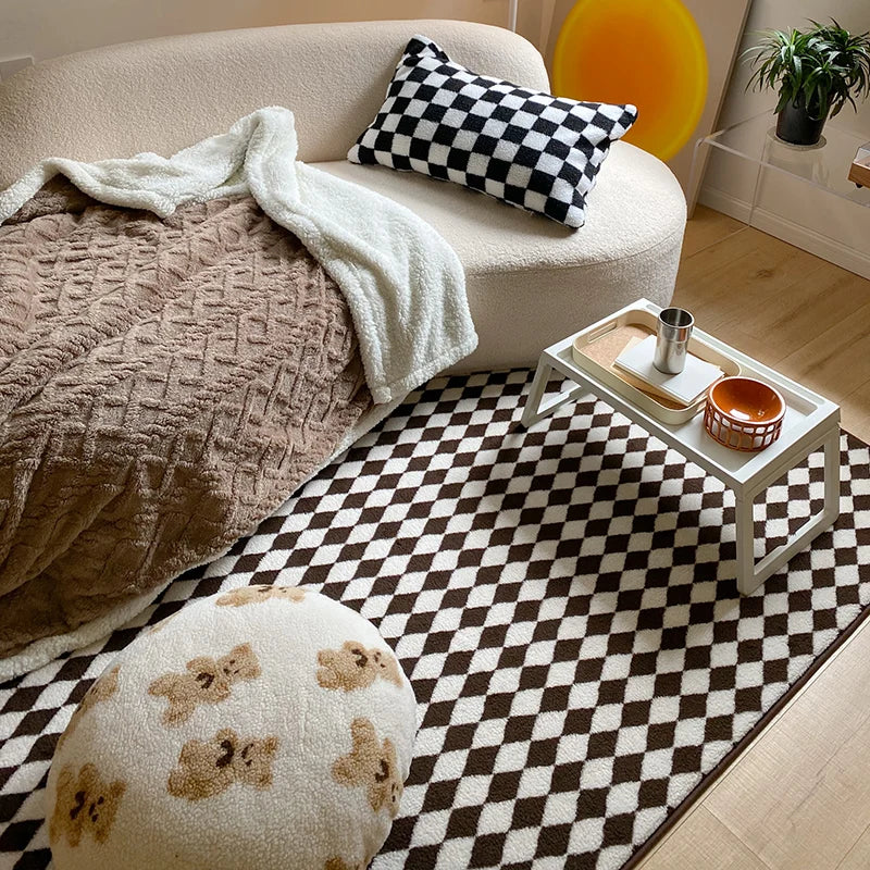 Japanese Style Carpets | Minimalist Living Room & Bedroom Plaid Checkerboard Rug, Large Plush Floor Mat