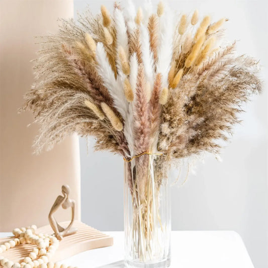 105-Piece Dried Floral Bouquet – Natural Pampas & Rabbit Tail Grass for Boho & Wedding Décor