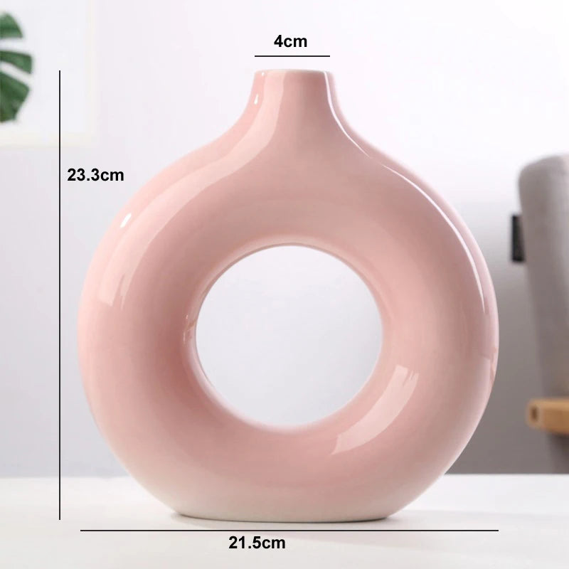 Nordic Circular Hollow Ceramic Vase – Modern Flower Pot for Home & Office Décor
