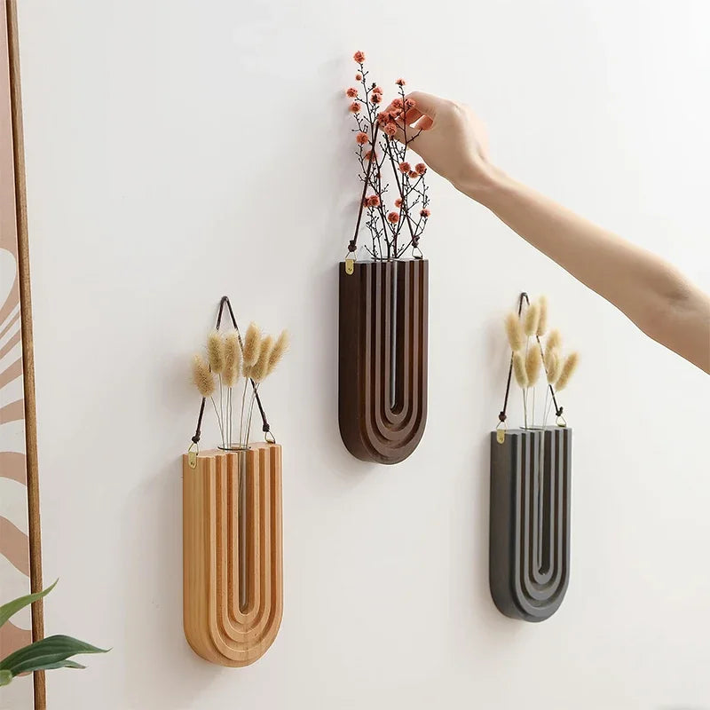 Simple Wooden Wall-Mounted Flower Vase – Hanging Hydroponic Plant Rack for Home & Garden Décor