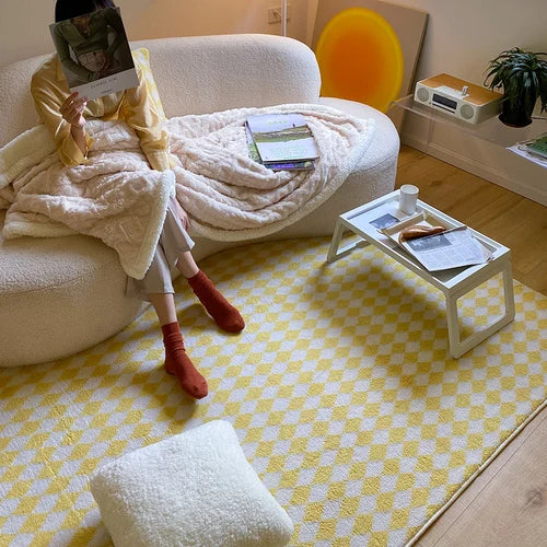 Japanese Style Carpets | Minimalist Living Room & Bedroom Plaid Checkerboard Rug, Large Plush Floor Mat