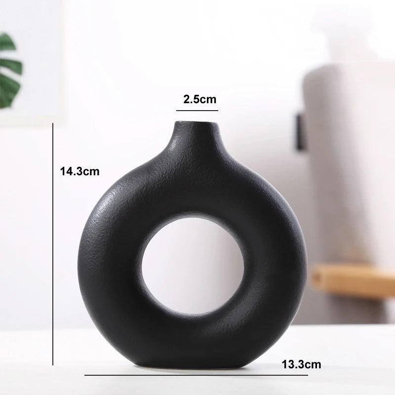 Nordic Circular Hollow Ceramic Vase – Modern Flower Pot for Home & Office Décor