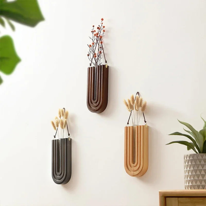 Simple Wooden Wall-Mounted Flower Vase – Hanging Hydroponic Plant Rack for Home & Garden Décor