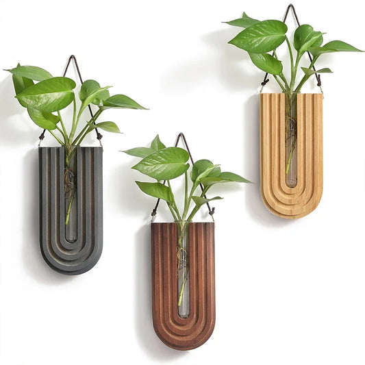Simple Wooden Wall-Mounted Flower Vase – Hanging Hydroponic Plant Rack for Home & Garden Décor