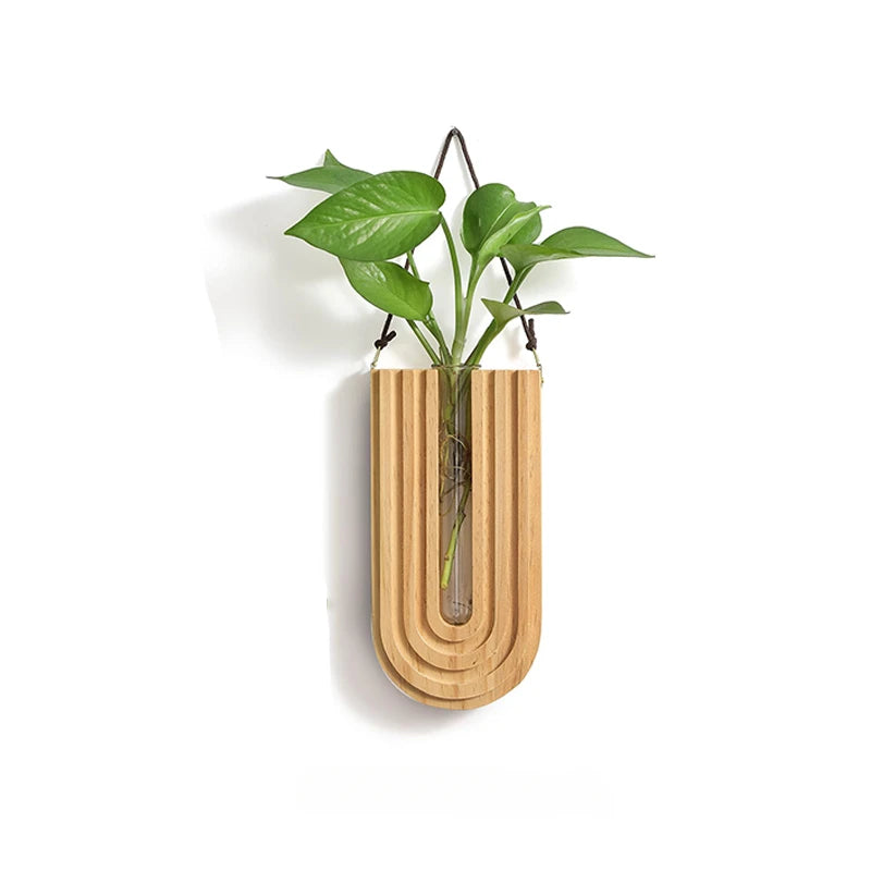Simple Wooden Wall-Mounted Flower Vase – Hanging Hydroponic Plant Rack for Home & Garden Décor