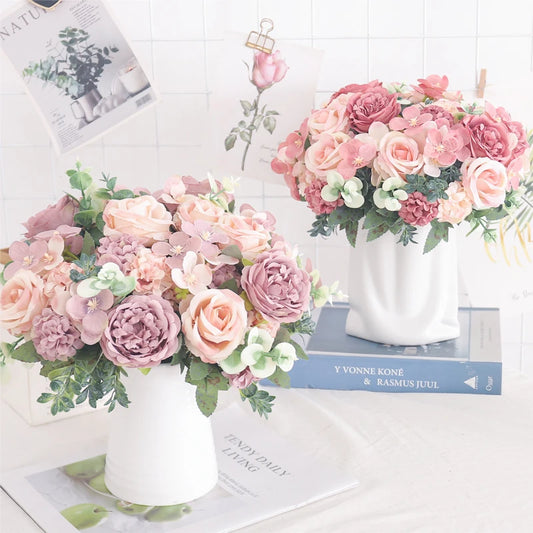 Silk Peony & Hydrangea Bouquet – Elegant Faux Flowers for Home, Weddings & Décor
