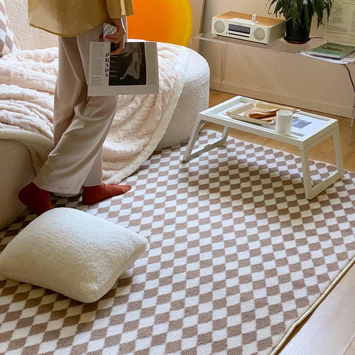 Japanese Style Carpets | Minimalist Living Room & Bedroom Plaid Checkerboard Rug, Large Plush Floor Mat