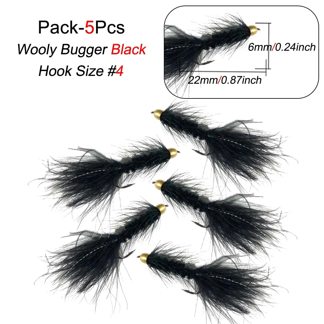 5Pieces Brassbead Wooly Bugger Fly Fishing Flies for Trout, Bass and Salmon-Streamer Assortment Flies Effective Artificial Baits