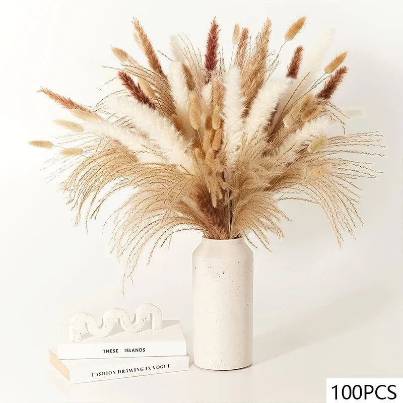 105-Piece Dried Floral Bouquet – Natural Pampas & Rabbit Tail Grass for Boho & Wedding Décor