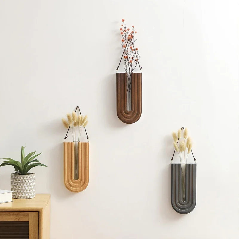Simple Wooden Wall-Mounted Flower Vase – Hanging Hydroponic Plant Rack for Home & Garden Décor