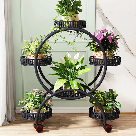 4-Layer Flower Stand with 6 Pots – Mobile Plant Shelf Rack for Balcony & Indoor Display