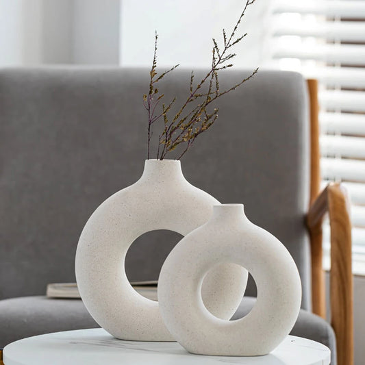 Nordic Circular Hollow Ceramic Vase – Modern Flower Pot for Home & Office Décor