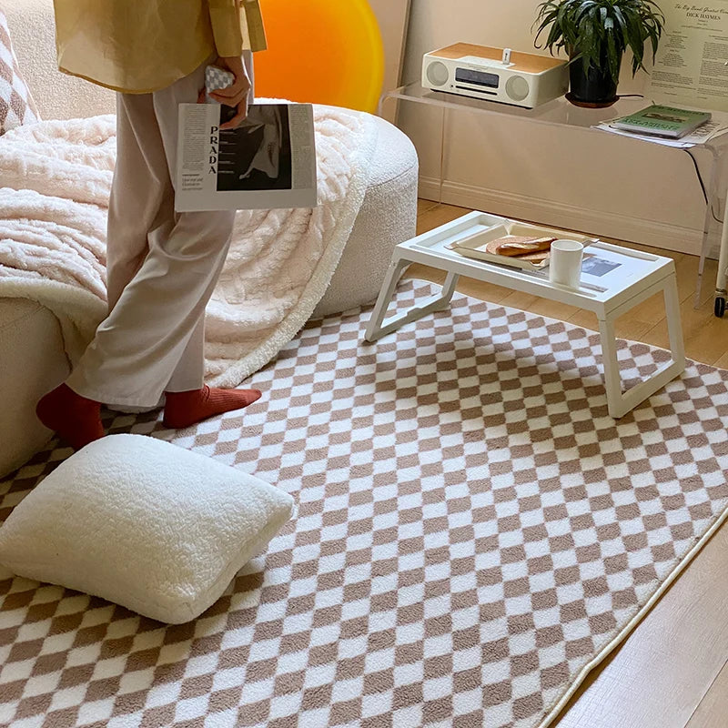 Japanese Style Carpets | Minimalist Living Room & Bedroom Plaid Checkerboard Rug, Large Plush Floor Mat