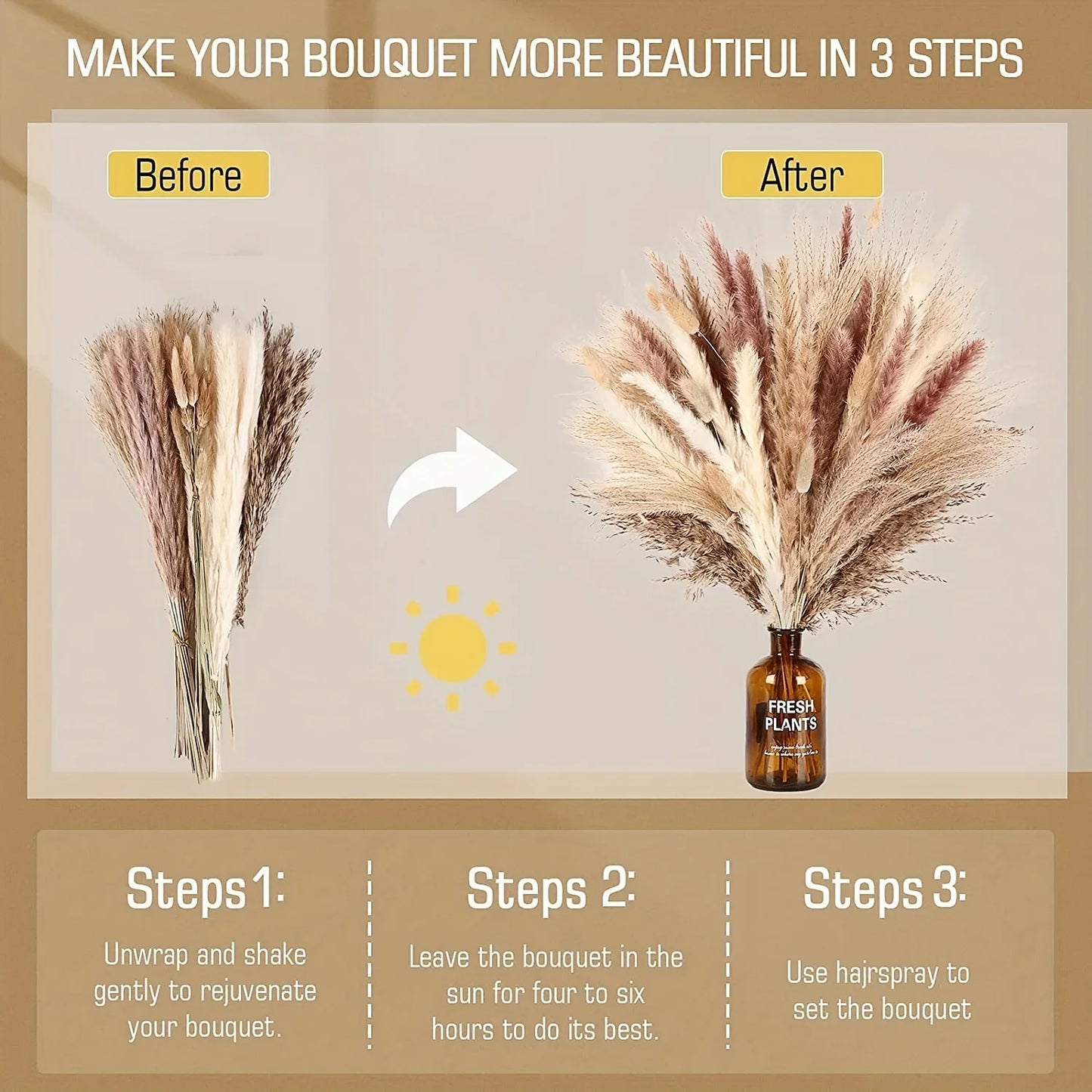 105-Piece Dried Floral Bouquet – Natural Pampas & Rabbit Tail Grass for Boho & Wedding Décor